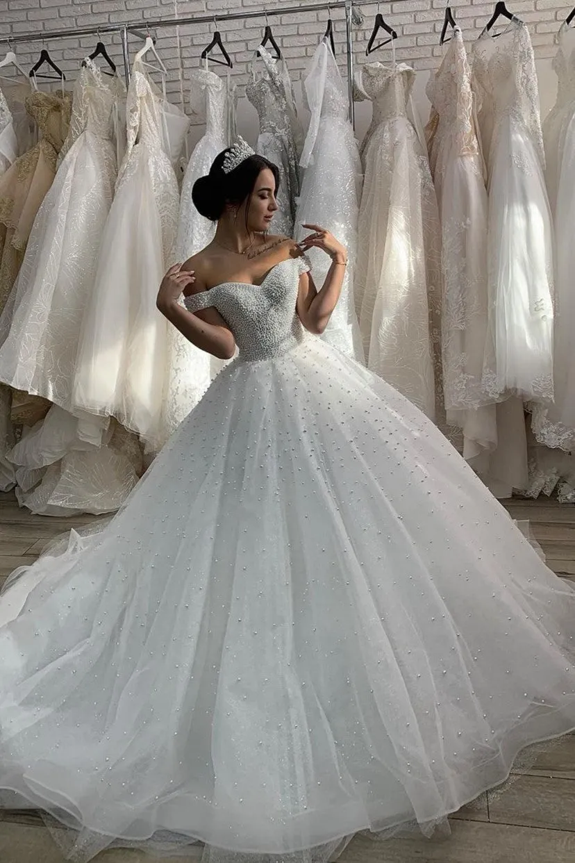 Off-the-shoulder Pearls Princess Wedding Gown Cathedral Train