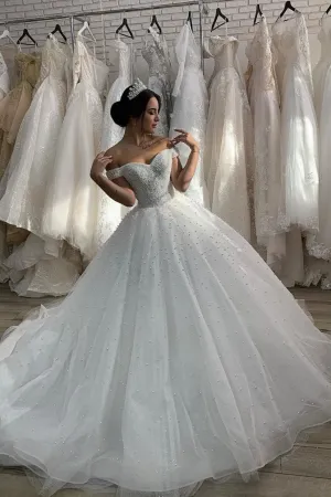 Off-the-shoulder Pearls Princess Wedding Gown Cathedral Train