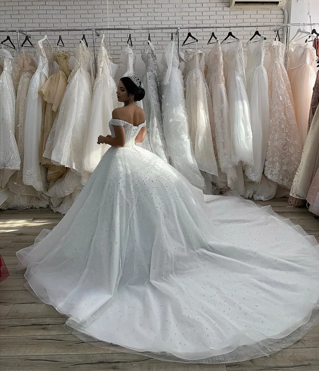 Off-the-shoulder Pearls Princess Wedding Gown Cathedral Train