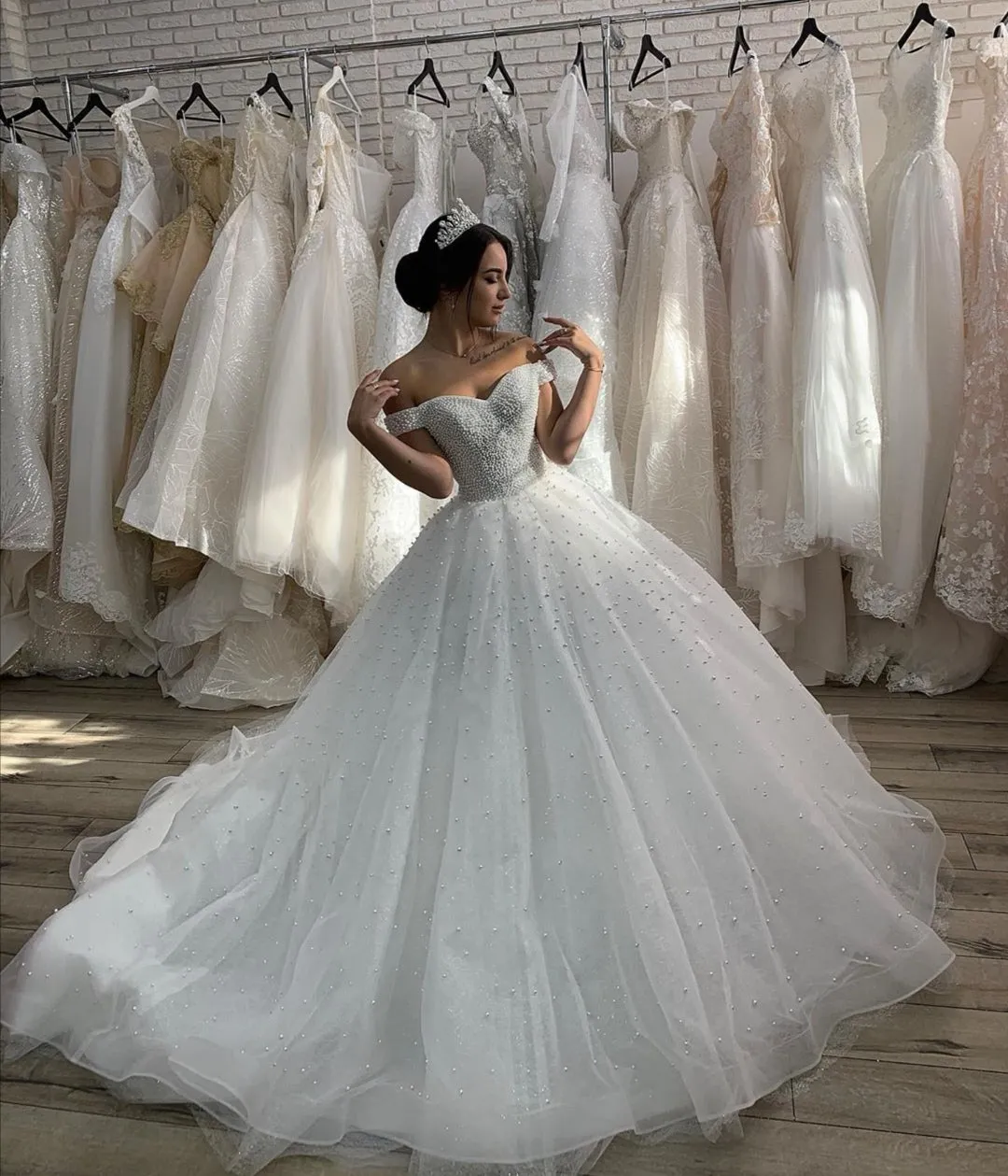 Off-the-shoulder Pearls Princess Wedding Gown Cathedral Train