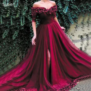 off the shoulder prom gowns 2020 handmade flowers v neck elegant Burgundy prom dress