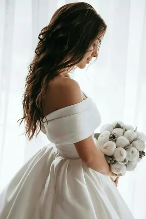 Off-the-shoulder Satin Ball Gown Wedding Dress with Beaded Appliques Train