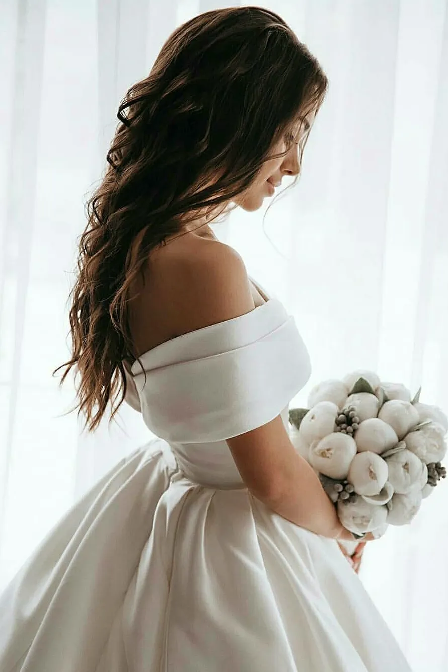 Off-the-shoulder Satin Ball Gown Wedding Dress with Beaded Appliques Train