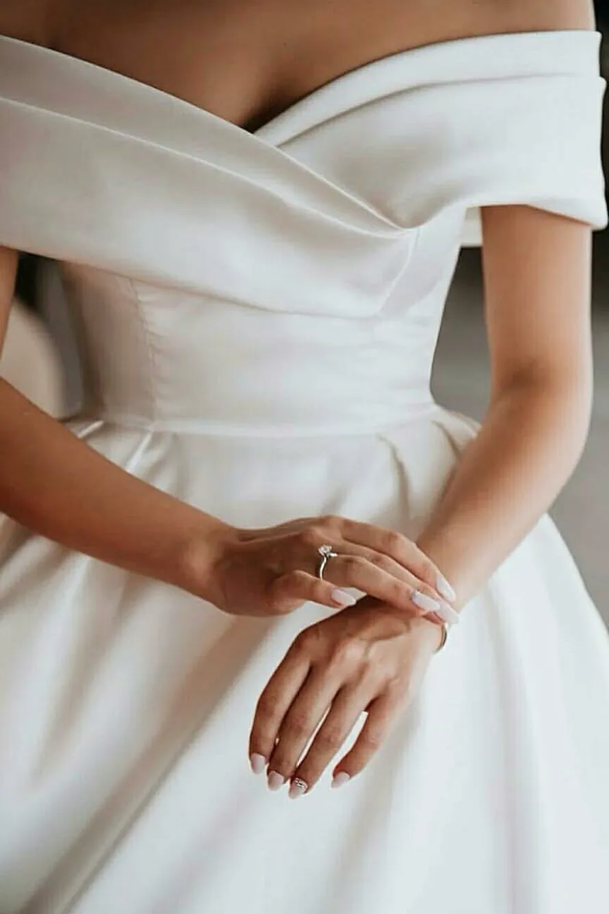 Off-the-shoulder Satin Ball Gown Wedding Dress with Beaded Appliques Train