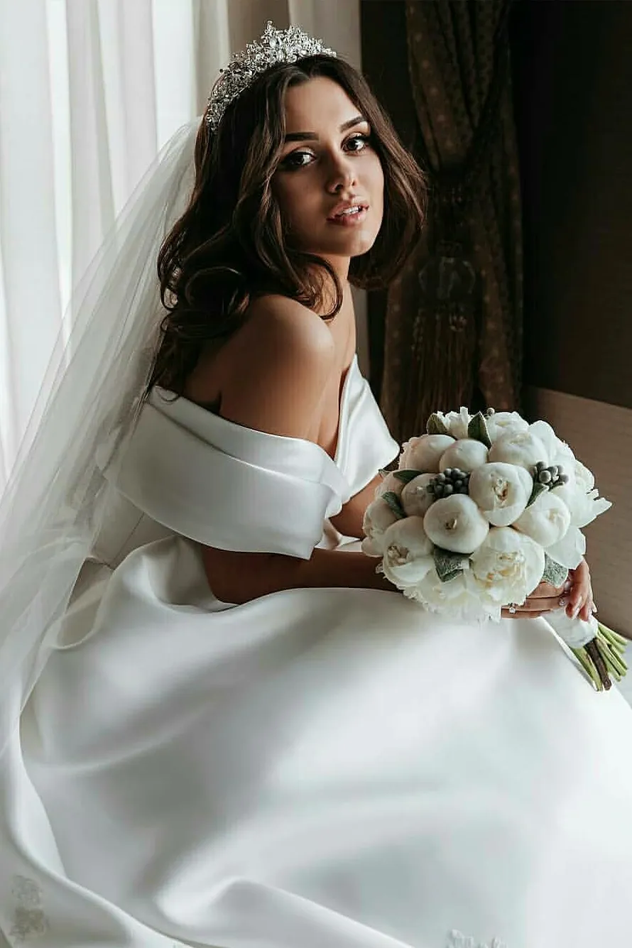 Off-the-shoulder Satin Ball Gown Wedding Dress with Beaded Appliques Train