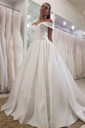 Off-the-shoulder Satin Simple Bride Dress with Box Pleats