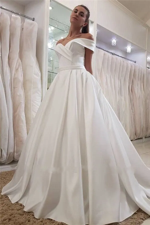 Off-the-shoulder Satin Simple Bride Dress with Box Pleats