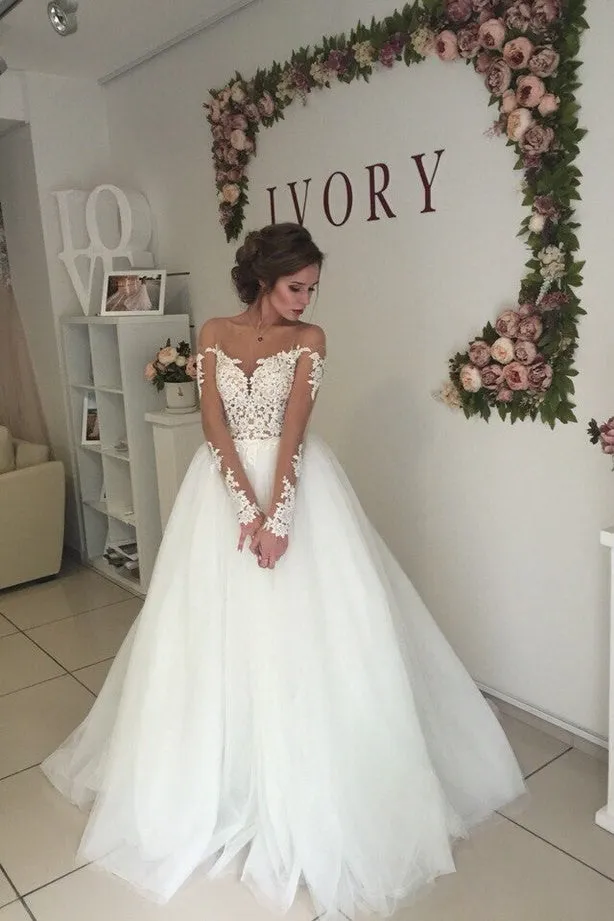 Open Back Long Sleeves Wedding Dress with Transparent Neckline