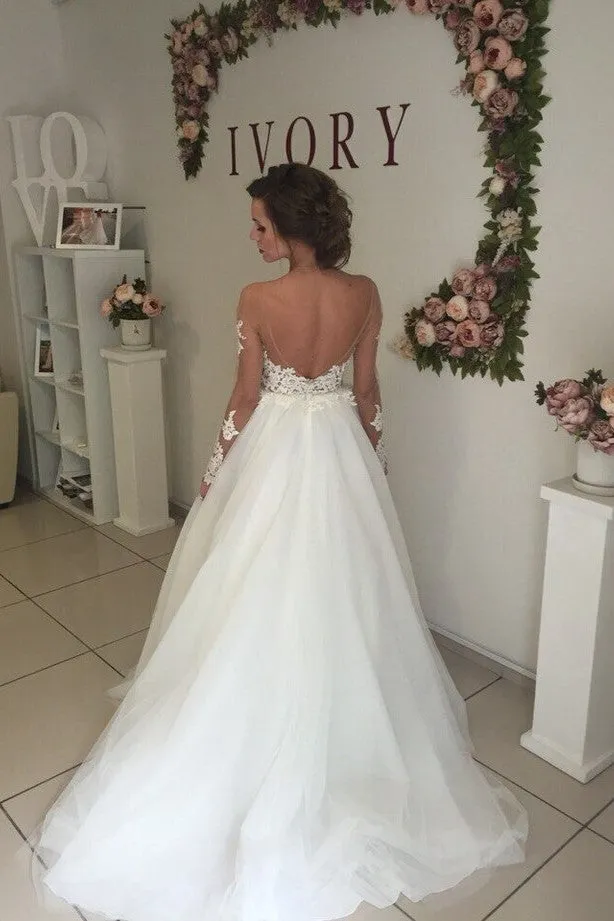 Open Back Long Sleeves Wedding Dress with Transparent Neckline