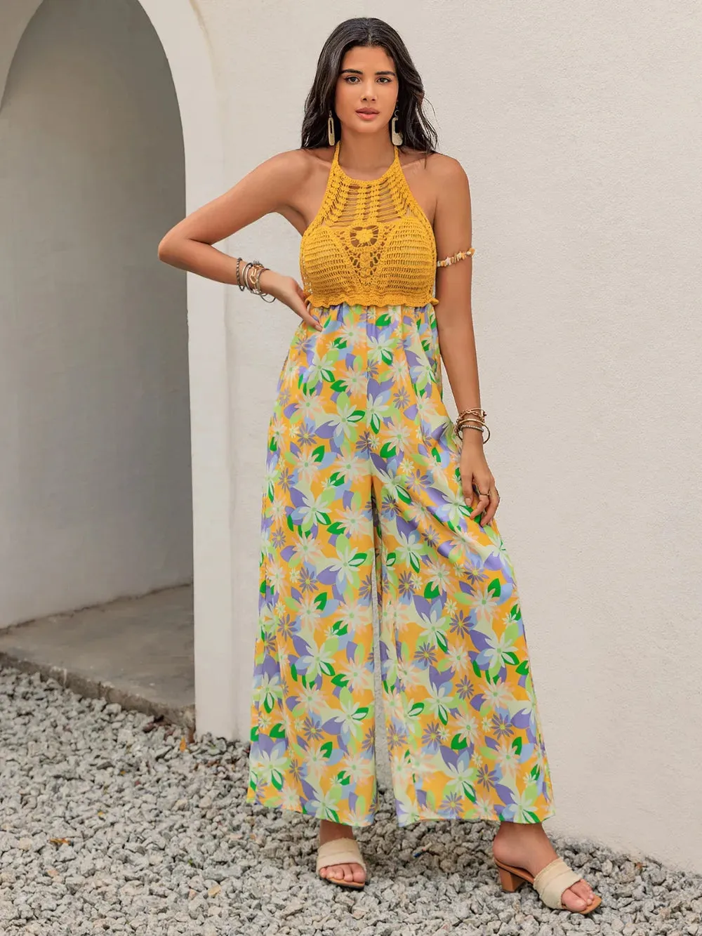 Openwork Halter Neck Floral Wide Leg Jumpsuit