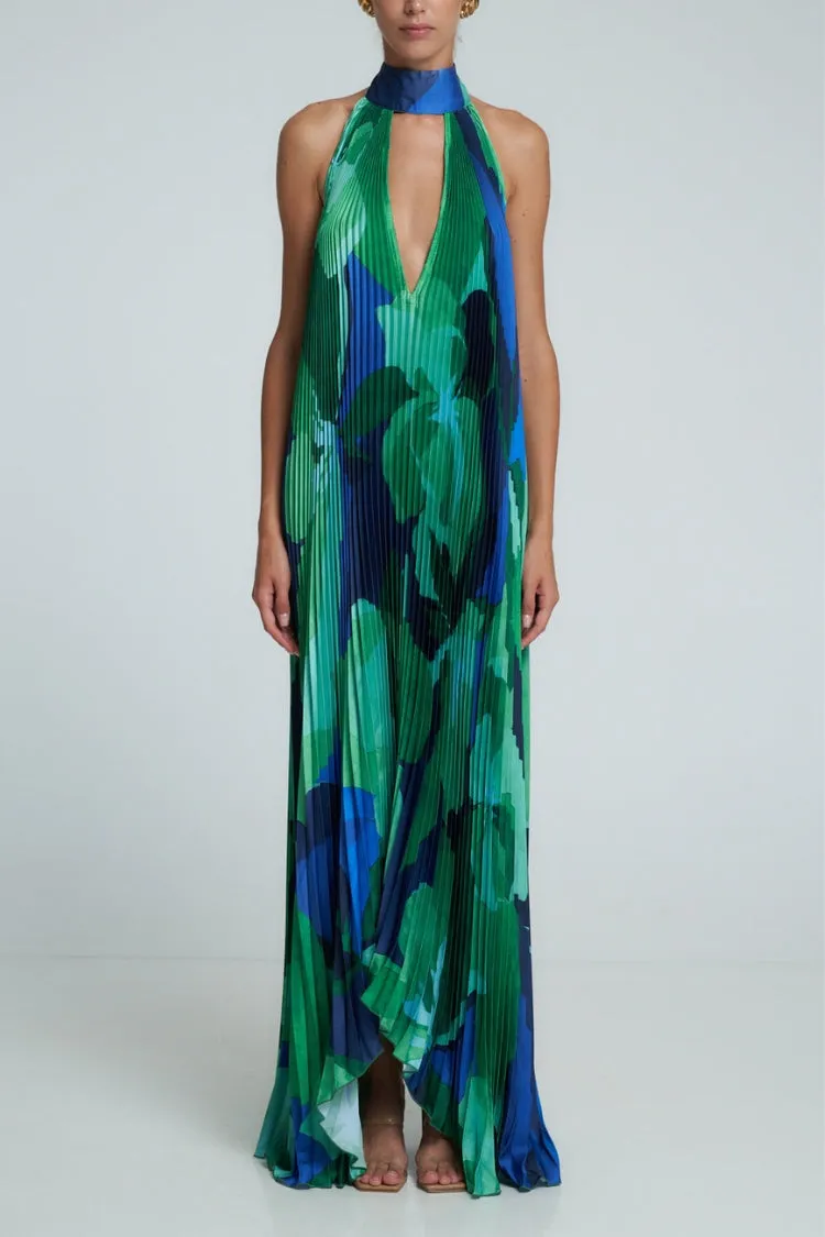 Opera Pleated Colorblock Camouflage Print Cutout Halter A-line Maxi Dress