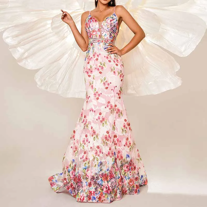 Pink Floral Spaghetti Strap Prom Dress Mermaid Wrap Ball Gowns Long Maxi Dress