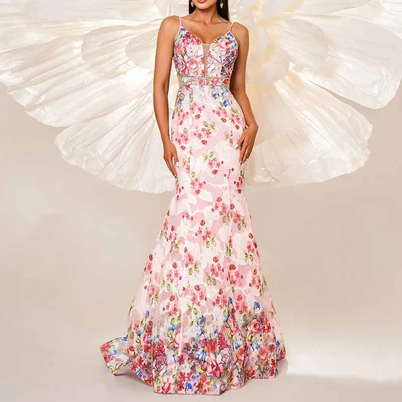 Pink Floral Spaghetti Strap Prom Dress Mermaid Wrap Ball Gowns Long Maxi Dress