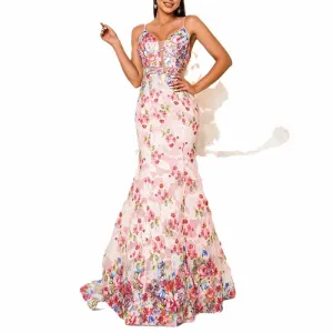 Pink Floral Spaghetti Strap Prom Dress Mermaid Wrap Ball Gowns Long Maxi Dress