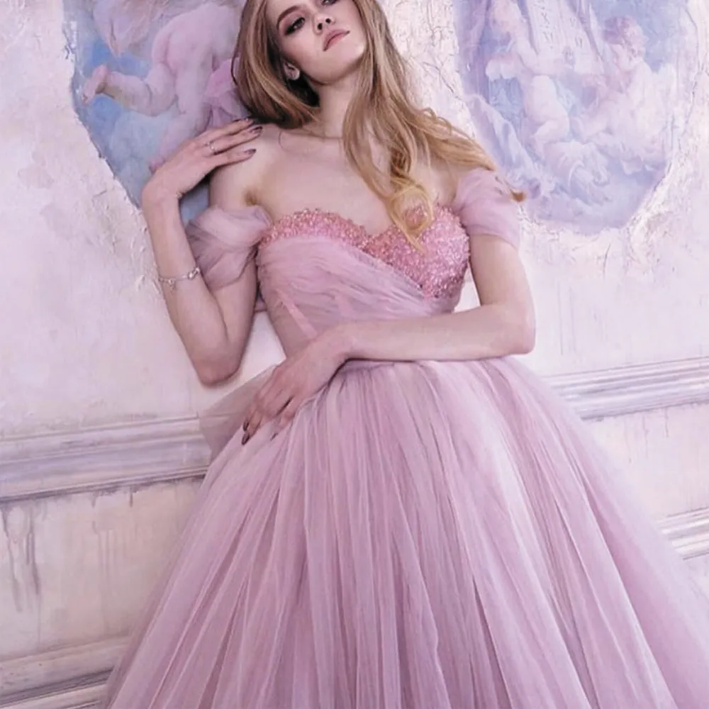 pink prom dresses ball gown 2020 beaded off the shoulder ankle length elegant prom gowns