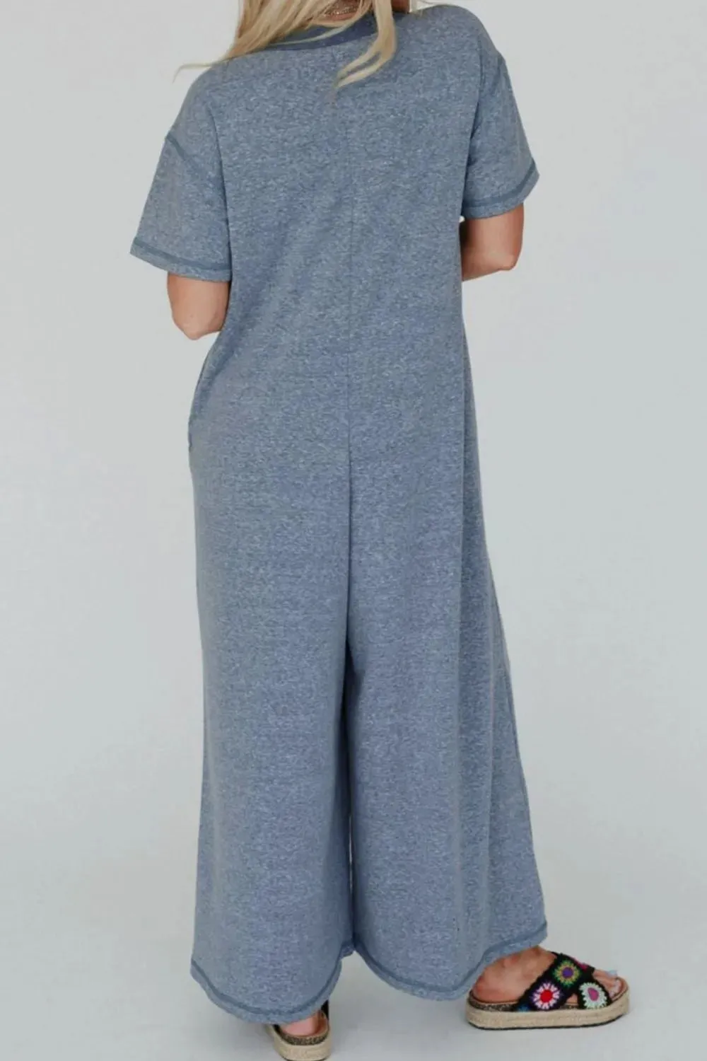 Placket Chest Pockets Short Sleeve Wide Leg Jumpsuit