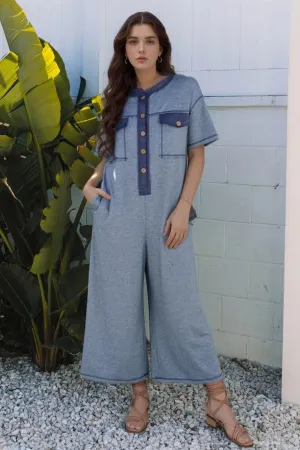 Placket Chest Pockets Short Sleeve Wide Leg Jumpsuit