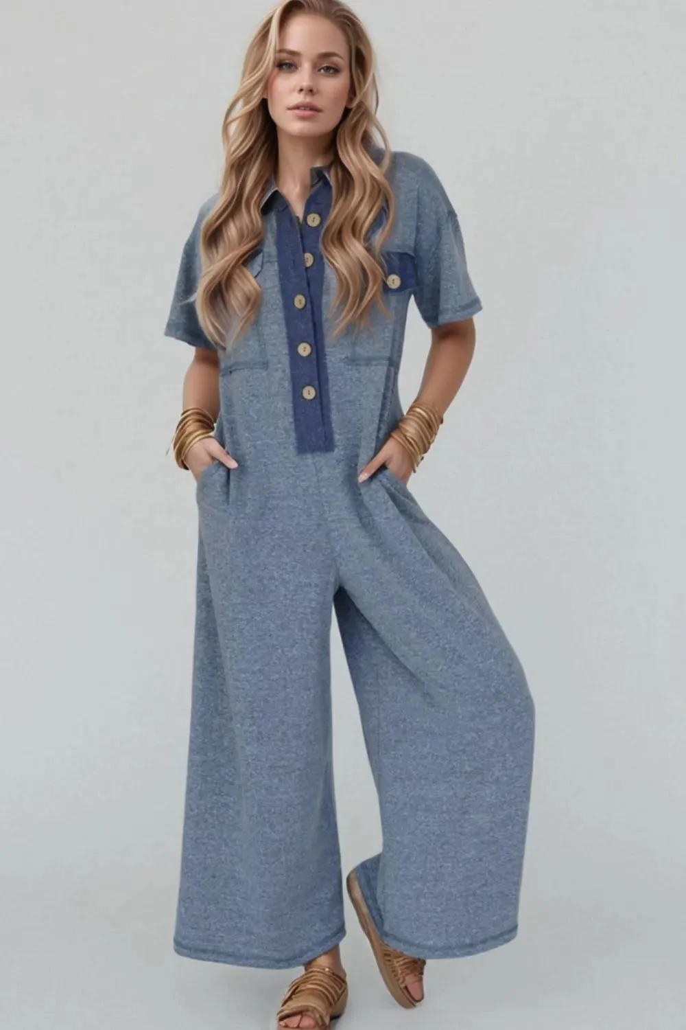 Placket Chest Pockets Short Sleeve Wide Leg Jumpsuit