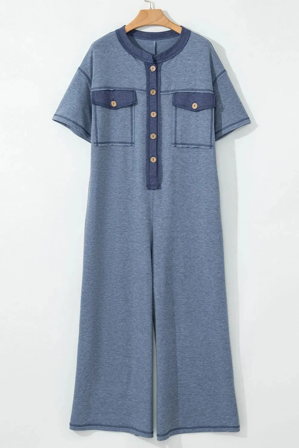 Placket Chest Pockets Short Sleeve Wide Leg Jumpsuit