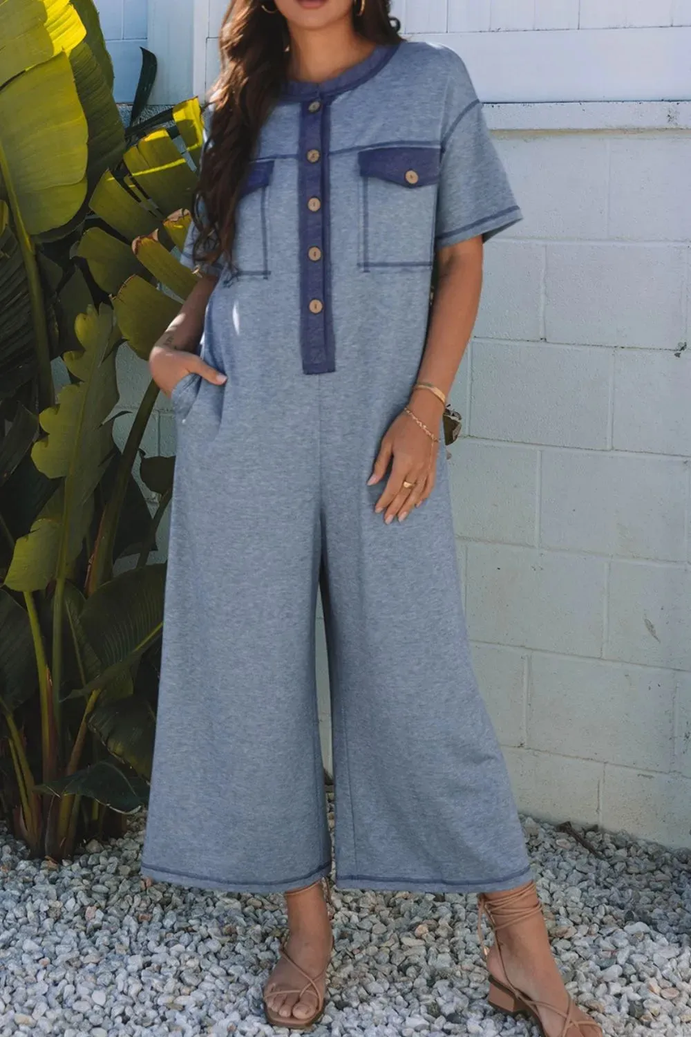 Placket Chest Pockets Short Sleeve Wide Leg Jumpsuit