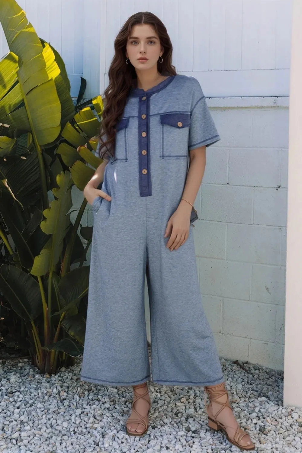 Placket Chest Pockets Short Sleeve Wide Leg Jumpsuit
