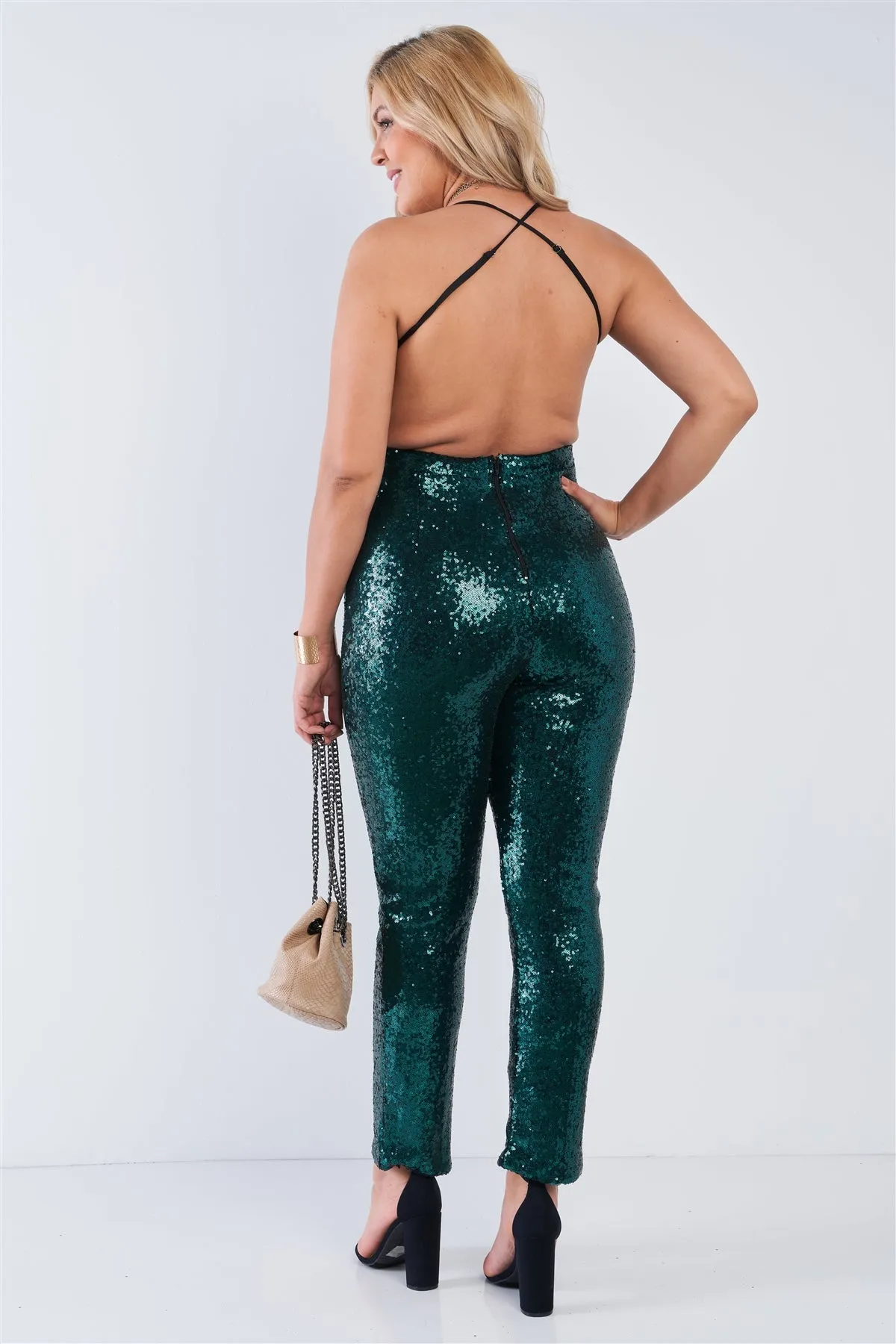 Plus Size Sequin V-neck Criss Cross Open Back Bodycon Jumpsuit