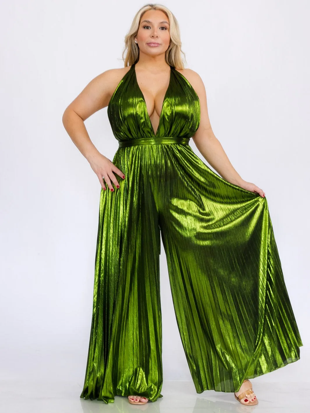 PLUS SIZE SLEEVELESS V-NECK OPEN BACK PLEATED SHIMMER WIDE LEG JUMPSUIT