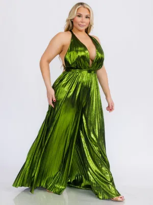 PLUS SIZE SLEEVELESS V-NECK OPEN BACK PLEATED SHIMMER WIDE LEG JUMPSUIT