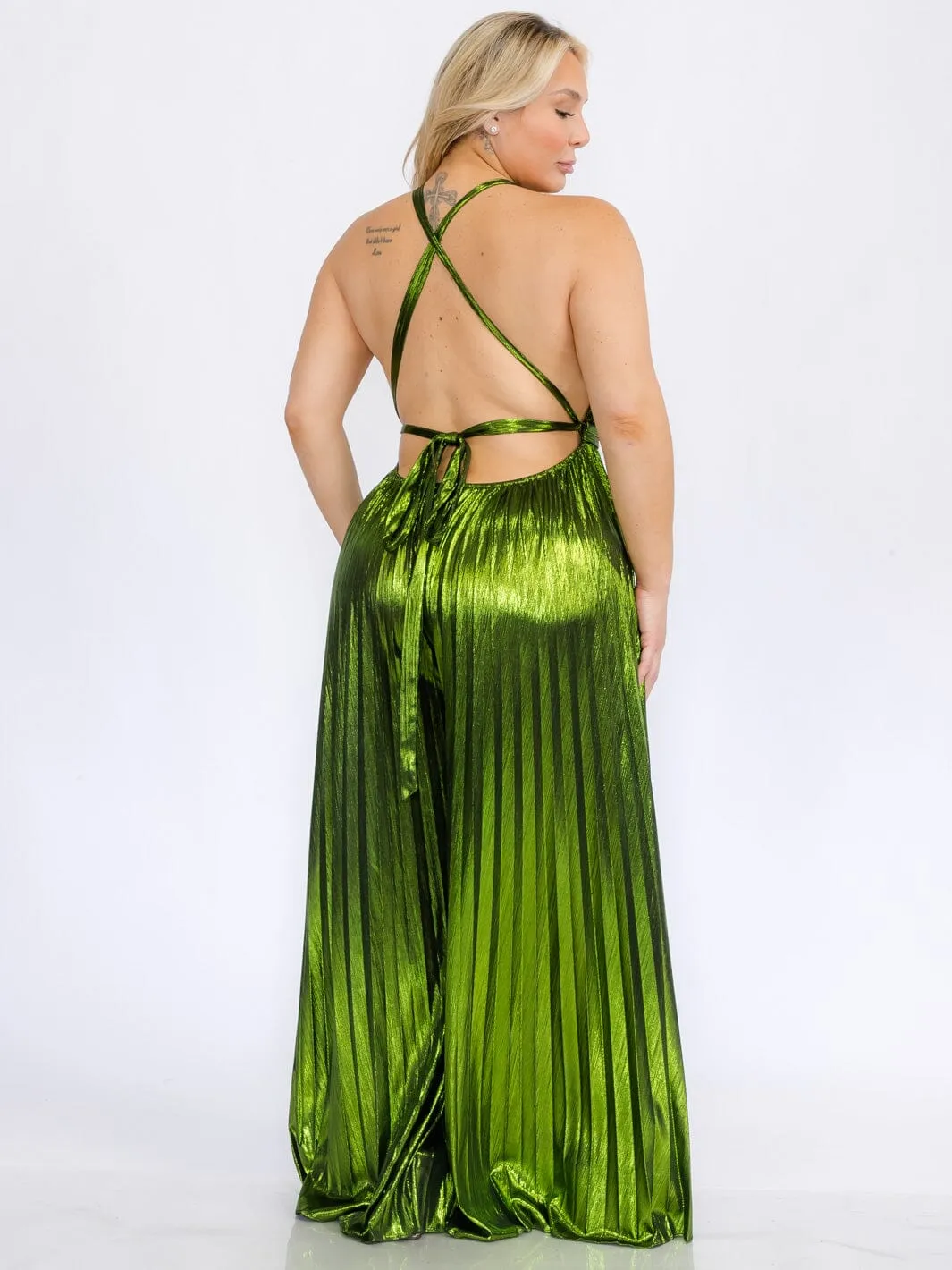 PLUS SIZE SLEEVELESS V-NECK OPEN BACK PLEATED SHIMMER WIDE LEG JUMPSUIT