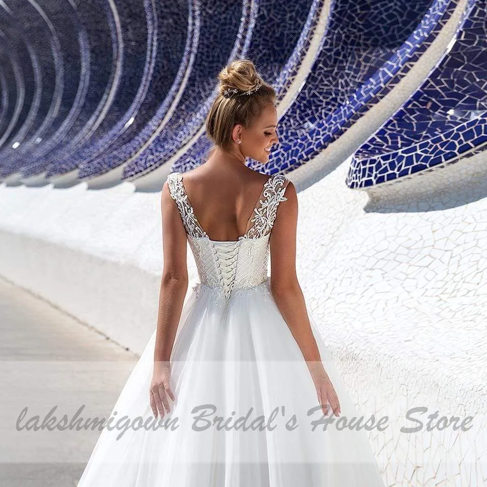Plus Size White Tulle Wedding Gowns Lace Up Back