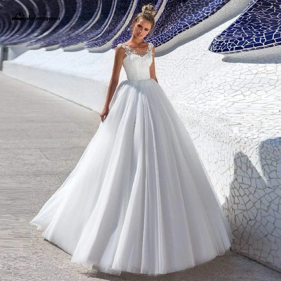 Plus Size White Tulle Wedding Gowns Lace Up Back