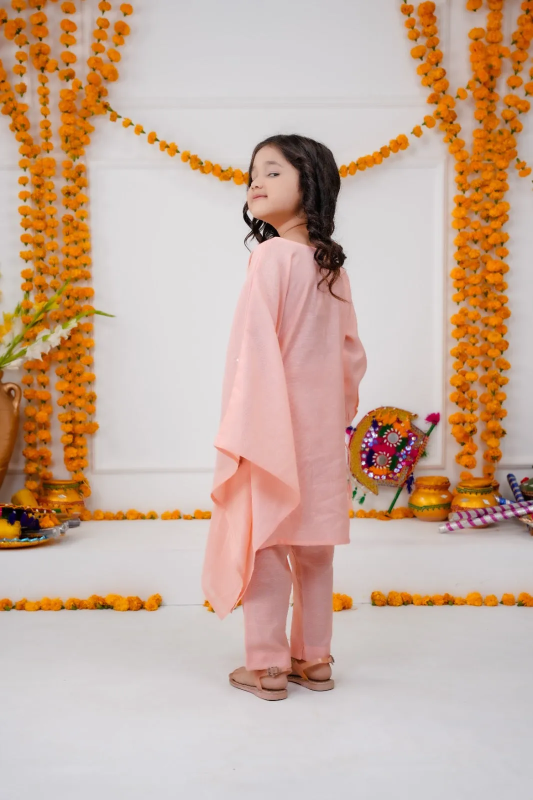 Powder Pink - Hand-Embroidered Poncho Ensemble