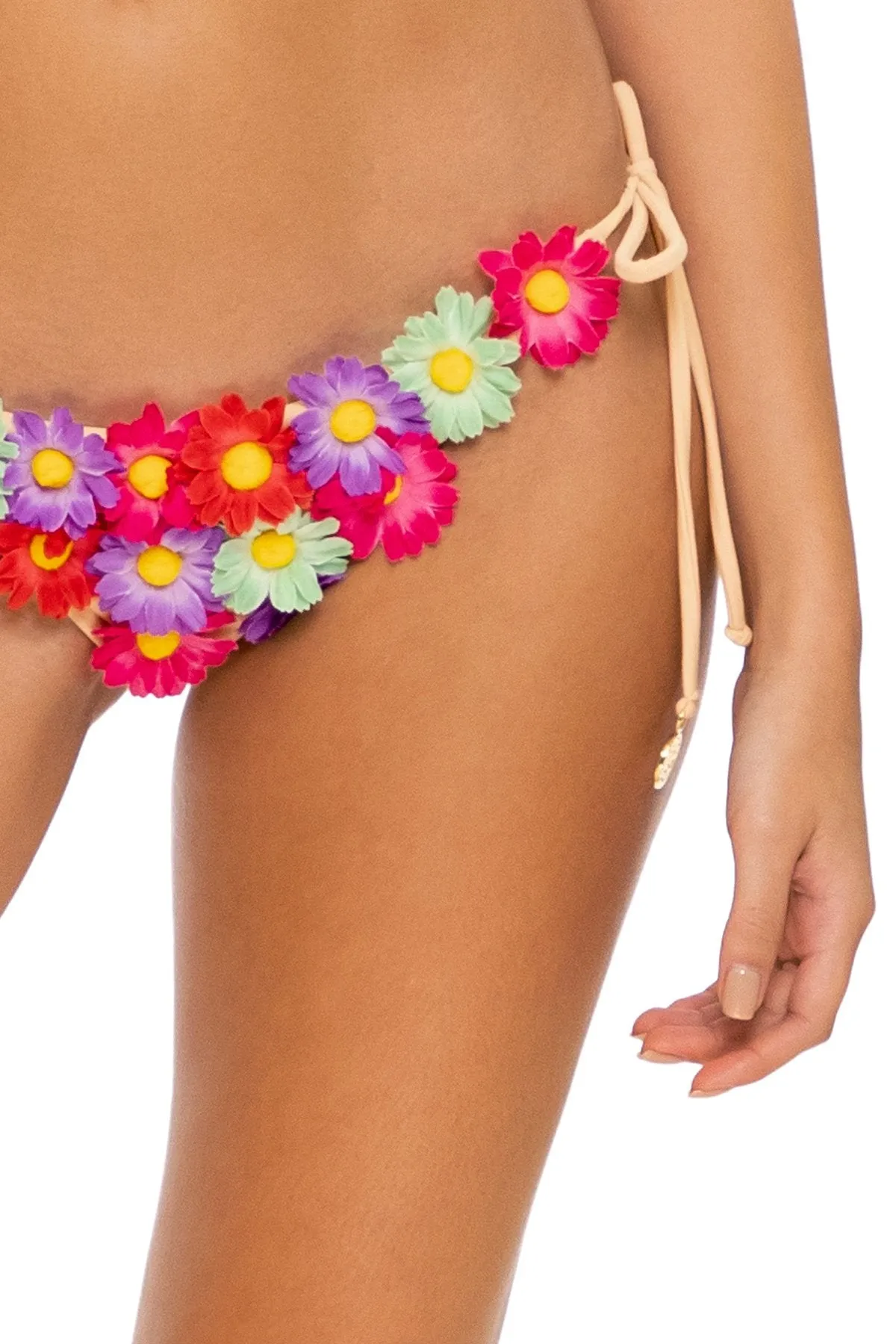 PRETTY THINGS - Flower Accent Triangle Top & Flower Accent Wavey Ruched Back Full Tie Side Bottom • Nude
