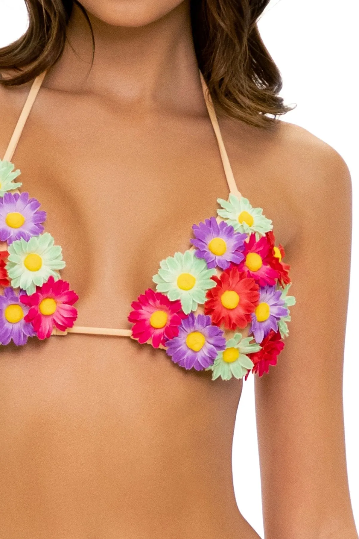PRETTY THINGS - Flower Accent Triangle Top & Flower Accent Wavey Ruched Back Full Tie Side Bottom • Nude