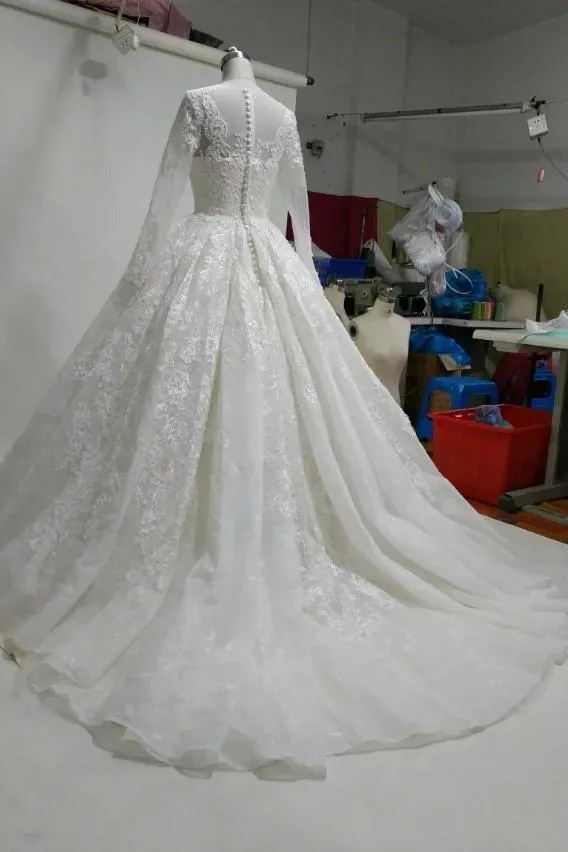 Princess Ball Gown Lace Wedding Dress with Long Sleeves