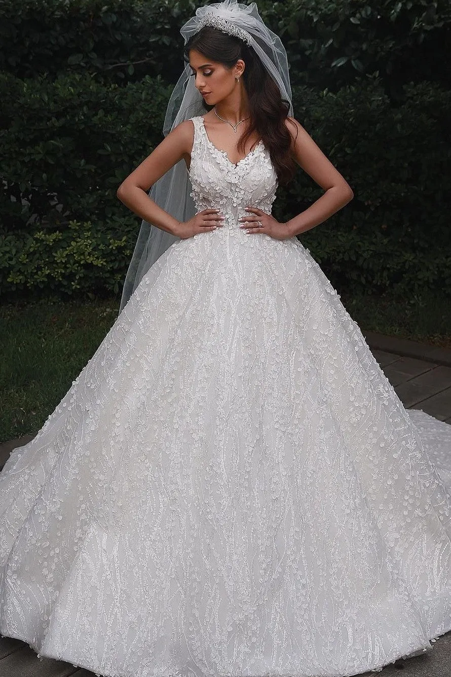 Princess Lace Floral Wedding Dresses with V-neckline