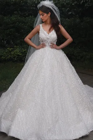 Princess Lace Floral Wedding Dresses with V-neckline
