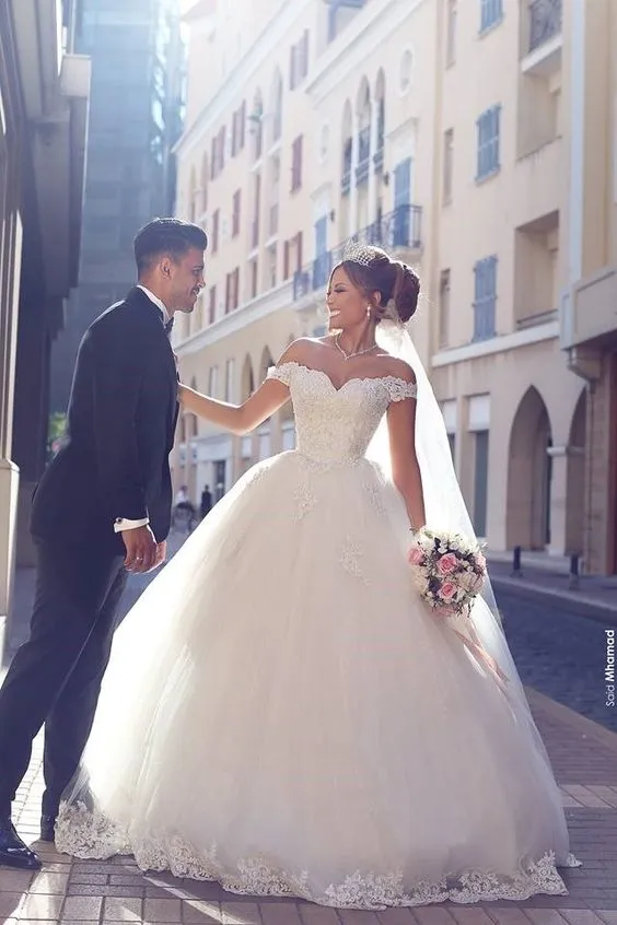 Princess Off-the-shoulder Lace Wedding Gown with Tulle Skirt