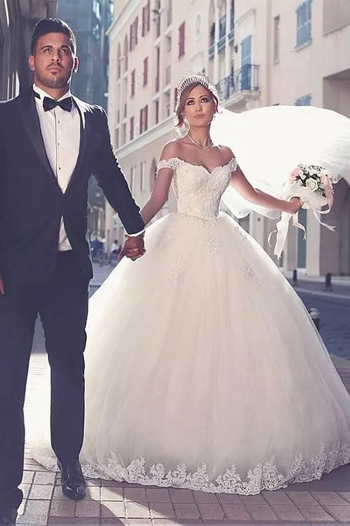 Princess Off-the-shoulder Lace Wedding Gown with Tulle Skirt