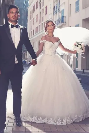 Princess Off-the-shoulder Lace Wedding Gown with Tulle Skirt