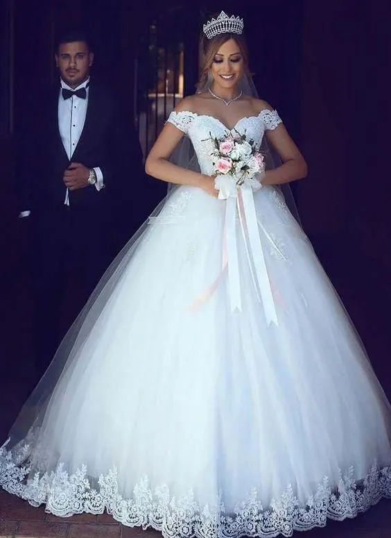 Princess Off-the-shoulder Lace Wedding Gown with Tulle Skirt