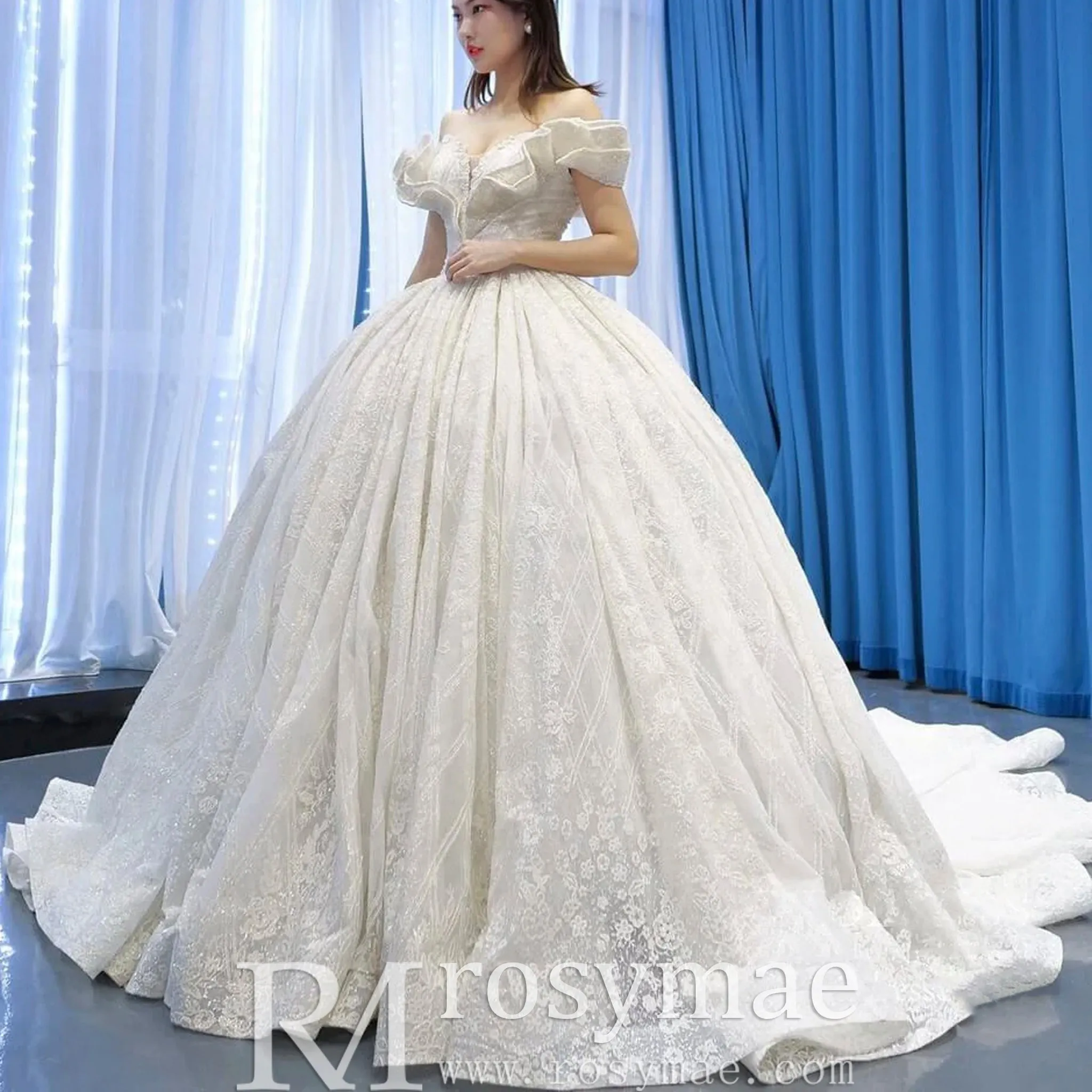 Puffy Lace Wedding Dress Vintage Off the Shoulder Bridal Gown