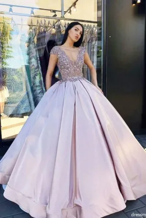 purple ball gown prom dresses short sleeve lace appliqué deep v neck beaded luxury prom gowns