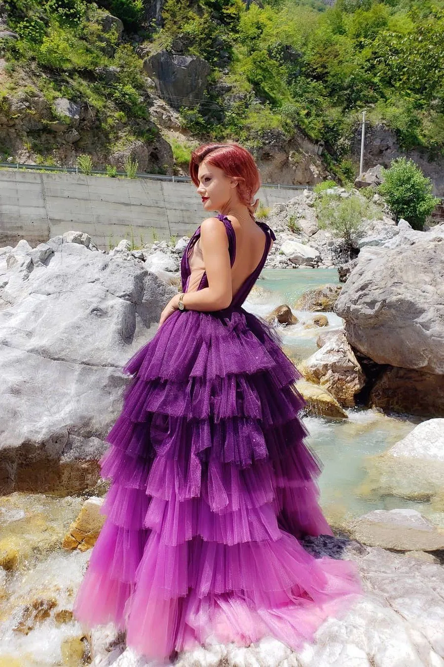 Purple Tiered Tulle Skirt Prom Dresses Deep V-neckline