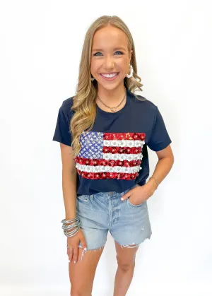 Queen of Sparkles Navy Flower American Flag Tee