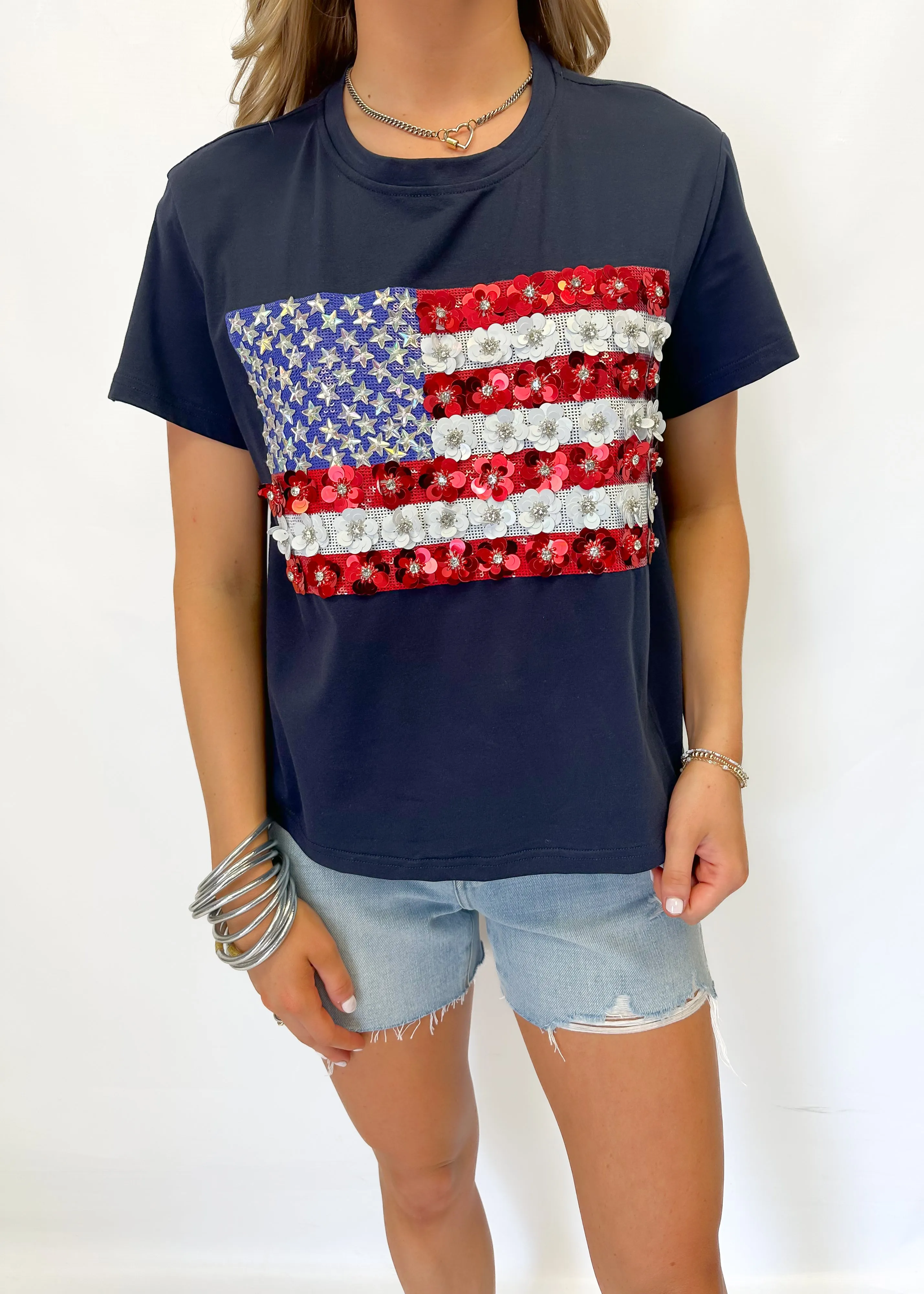 Queen of Sparkles Navy Flower American Flag Tee