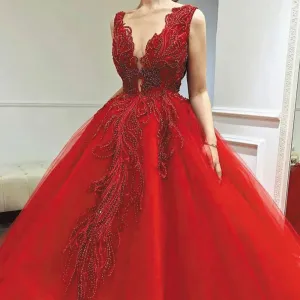 red ball gown prom dresses long deep v neck lace appliqué beaded elegant prom gown vestido de graduation