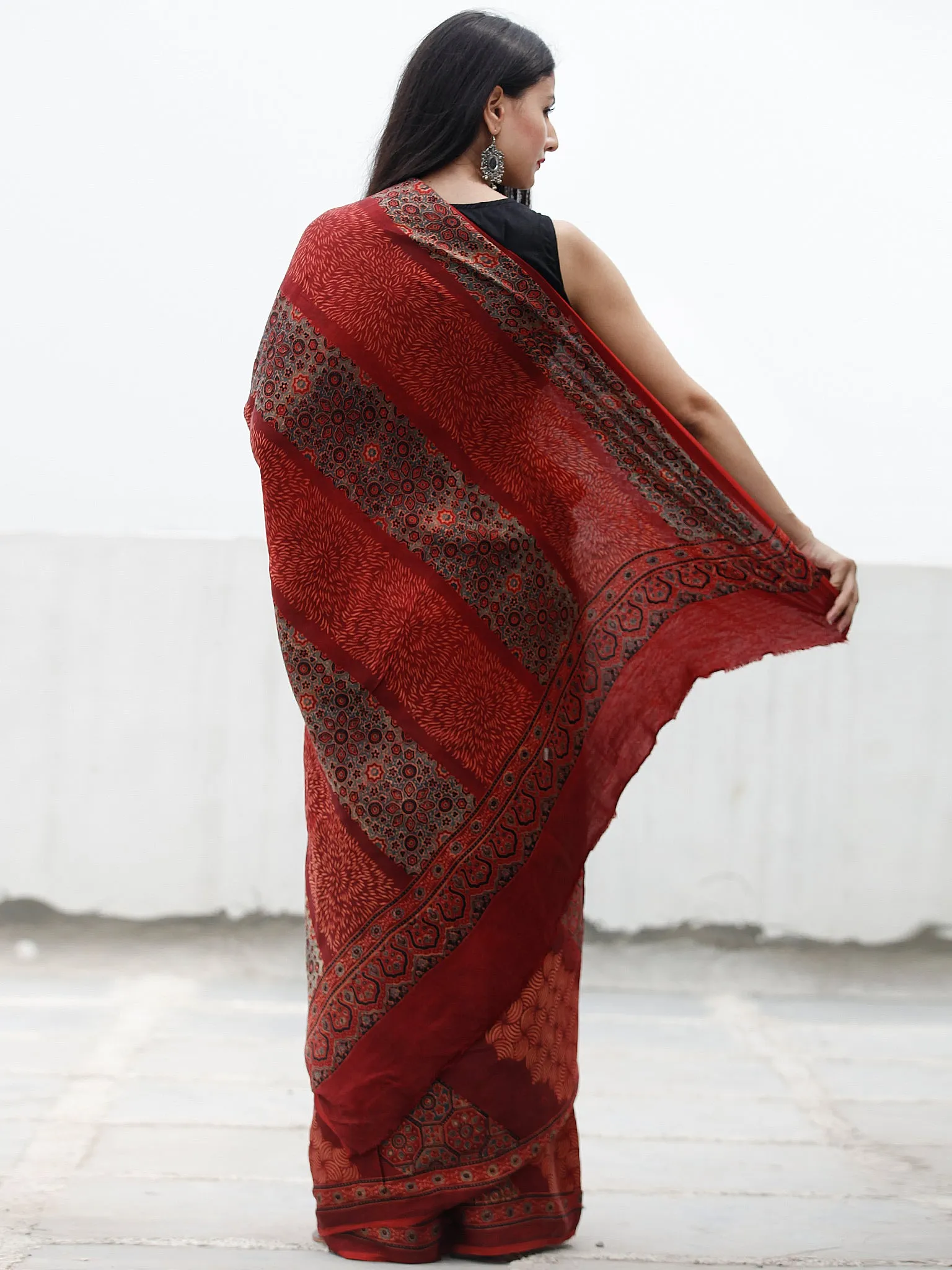 Red Black Indigo Beige Ajrakh Hand Block Printed Modal Silk Saree in Natural Colors - S031703703