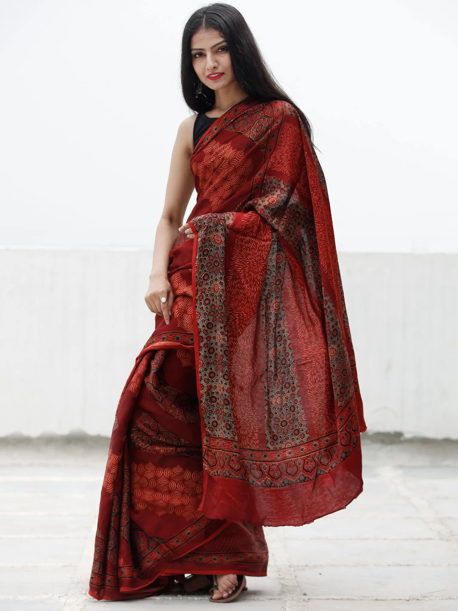 Red Black Indigo Beige Ajrakh Hand Block Printed Modal Silk Saree in Natural Colors - S031703703