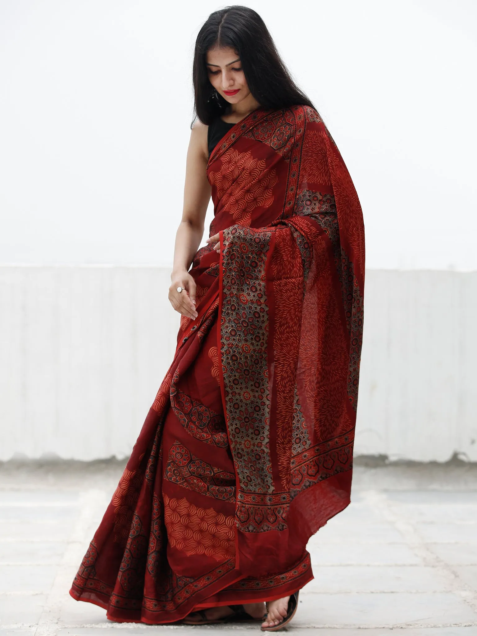 Red Black Indigo Beige Ajrakh Hand Block Printed Modal Silk Saree in Natural Colors - S031703703